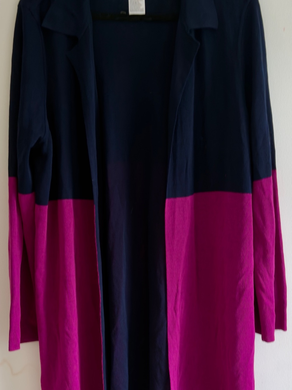 Long Open-Front Colorblock Cardigan in Navy and Fuchsia